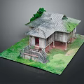 Traditional Wooden House Exterior Design With Gray Roof Red Door Wooden Stairs And Green Grass