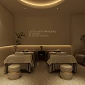 Modern Lounge Interior with Reception Desk Circular Chandelier Wooden Door Terrazzo Floor and Potted Plants