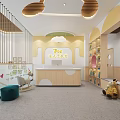 Preschool Interior Design With Wooden Reception Desk Bookshelves And Children's Learning Seats