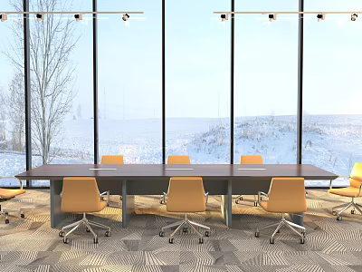 Modern Conference Table With Yellow Chairs And Large Windows Overlooking Snowy Trees And Geometric Carpet 3d model