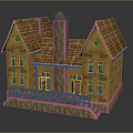 Realistic Miniature House Model With Yellow Walls Brown Tiled Roof Chimney And Stone Base