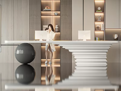 Modern Reception Desk With Woman Working Computer Monitors Wooden Walls And Lit Shelves 3d model