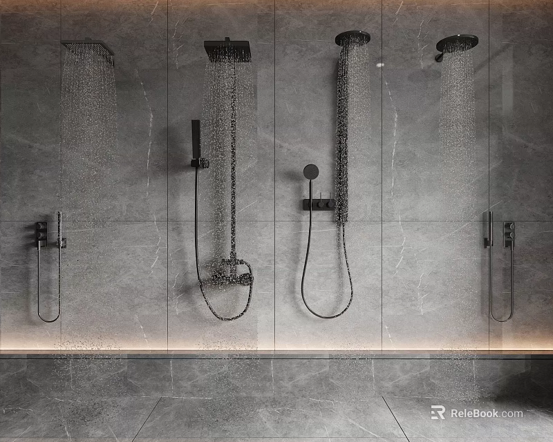 Modern Shower System Design With Grey Tile Wall And Rainfall Handheld Showers 3d model 