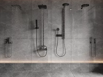 Modern Shower System Design With Grey Tile Wall And Rainfall Handheld Showers 3d model