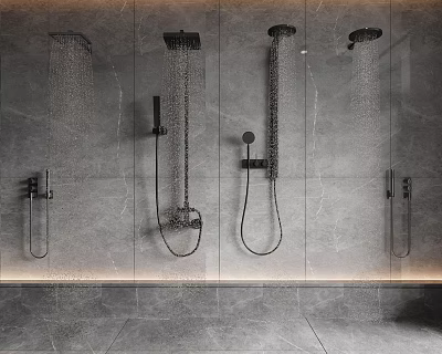 Modern Shower System Design With Grey Tile Wall And Rainfall Handheld Showers 3d model