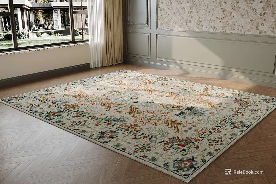 Square Floral Rug In Living Room With Wooden Floor 3d model 