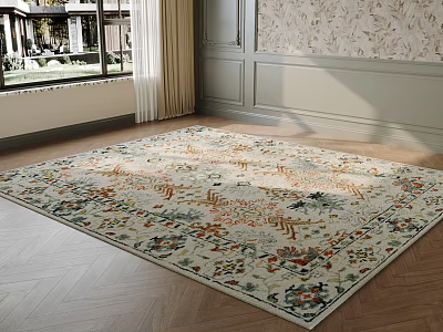 Square Floral Rug In Living Room With Wooden Floor 3d model