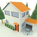 Cartoon Scene of House with Orange Roof White Body Balcony Green Trees and Car
