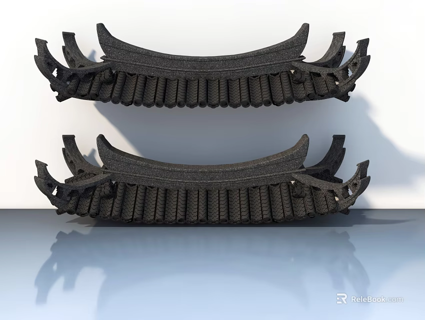 Black Dining Chairs With Traditional Eaves Design On Smooth Surface And Reflections 3d model