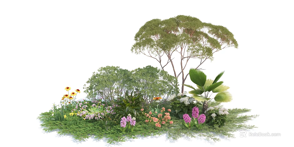 Lush Green Bush in Garden Landscape With Colorful Flowers Trees and Green Leaves 3d model 