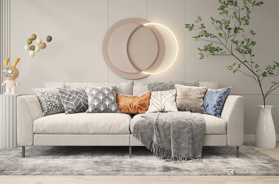 Modern Light Loveseat Sofa With Mixed Throw Pillows Gray Blanket And Circular Wall Decor 3d model