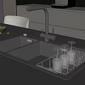 Modern Kitchen Black Countertop Featuring Stainless Steel Double Sink Faucet Dish Rack And Glassware