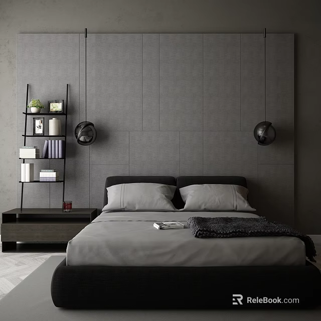 Modern Double Bed in Gray Bedroom with Wall Lamps Shelf Books and Green Plant 3d model 