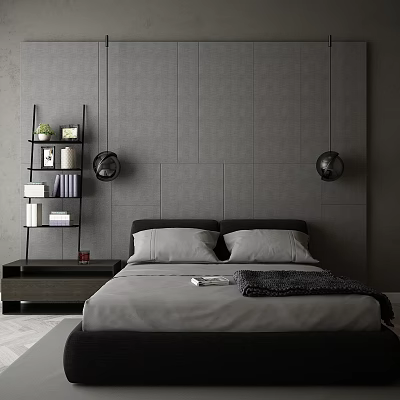 Modern Double Bed in Gray Bedroom with Wall Lamps Shelf Books and Green Plant 3d model