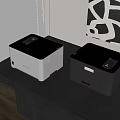 Modern Office Appliances Two Printers On Black Desk With Window And Decorative Art