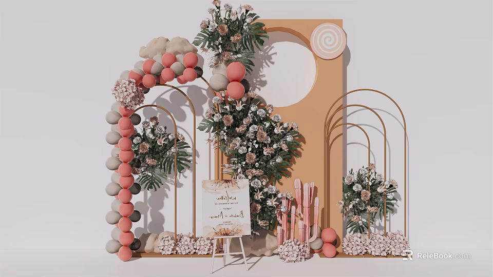 Elegant Event Decoration Featuring Flower Arch Balloon Arrangement Golden Circular Backdrop Candles And Welcome Sign 3d model 