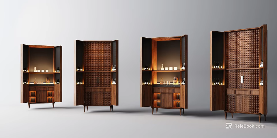 Modern Wooden Wine Cabinet Open Design With Wine Bottles Glasses And Lighting 3d model 