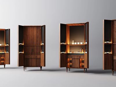 Modern Wooden Wine Cabinet Open Design With Wine Bottles Glasses And Lighting 3d model