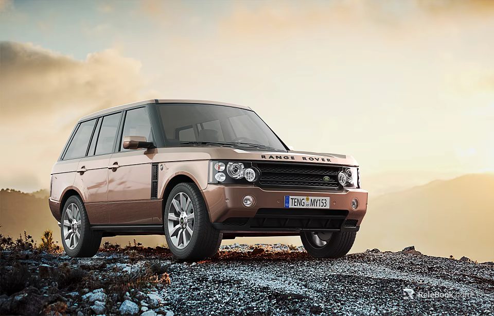 Brown Land Rover Functional SUV In Outdoor Mountainous Gravel Terrain With Natural Sky Backdrop 3d model 