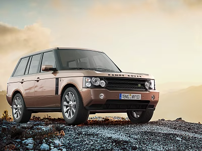 Brown Land Rover Functional SUV In Outdoor Mountainous Gravel Terrain With Natural Sky Backdrop 3d model
