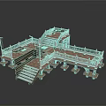 Ancient Wooden Multi Level Platform With Staircase Railings And Flags 3d model