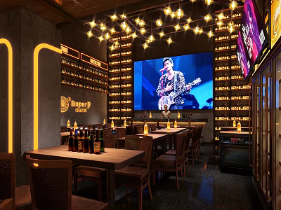 Bravo Bar Interior With Big Screen Live Music Tables Chairs And Wine Bottles 3d model