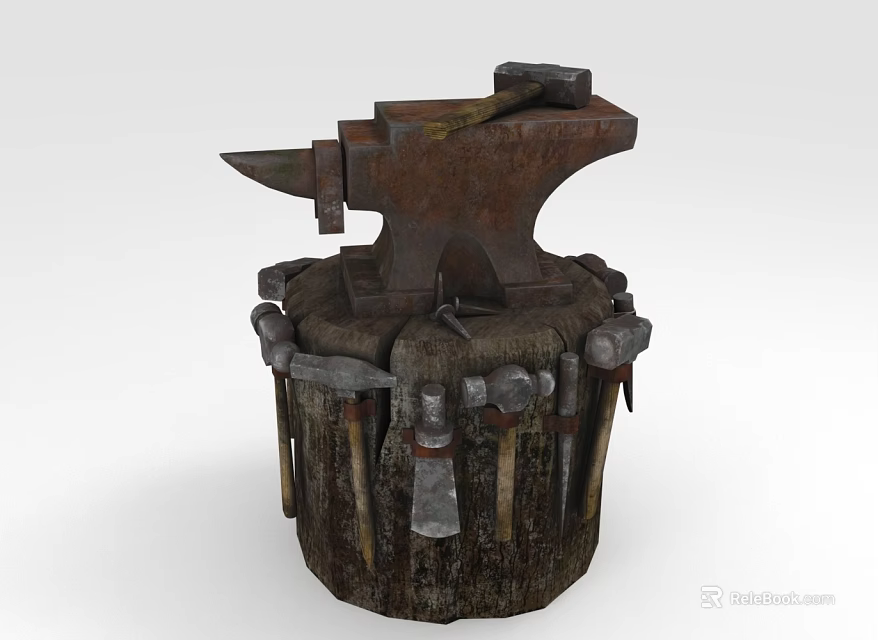 Rusty Blacksmith Anvil Placed On Wooden Stump With Surrounding Hammers And Tools 3d model 