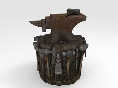 Rusty Blacksmith Anvil Placed On Wooden Stump With Surrounding Hammers And Tools 3d model