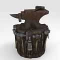 Rusty Blacksmith Anvil Placed On Wooden Stump With Surrounding Hammers And Tools 3d model