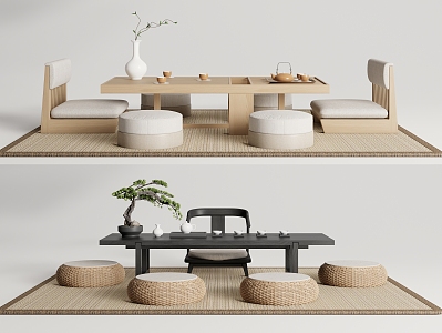 Japanese Tea Table and Chair Tatami Tea Table and Chair Combination Futon Tea Set Potted Plant 3d model