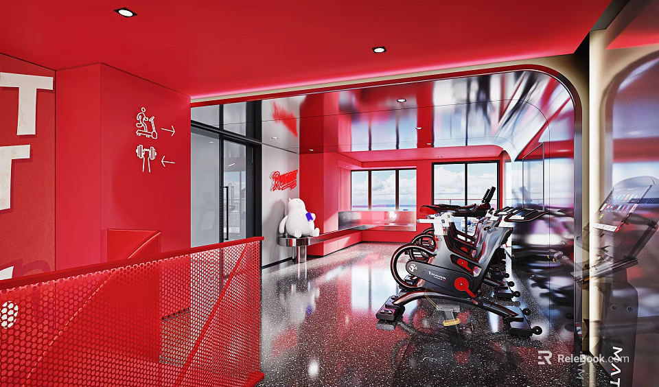 Red Themed Modern Fitness Gym Interior With Fitness Equipment And Bright Windows 3d model 
