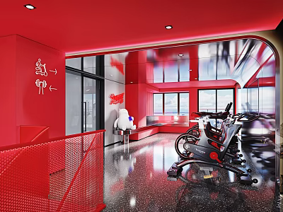 Red Themed Modern Fitness Gym Interior With Fitness Equipment And Bright Windows 3d model