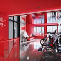 Red Themed Modern Fitness Gym Interior With Fitness Equipment And Bright Windows