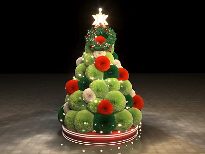 Christmas Themed Art Installation With Tree Shaped Green Spheres Red Flowers And Star Top 3d model