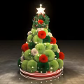 Christmas Themed Art Installation With Tree Shaped Green Spheres Red Flowers And Star Top