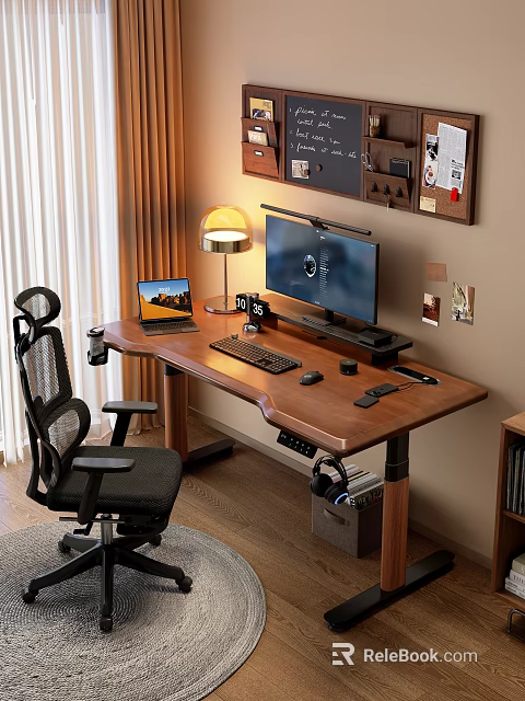 Cozy Study Room With Wooden Desk Monitor Laptop And Office Chair Decorations 3d model 