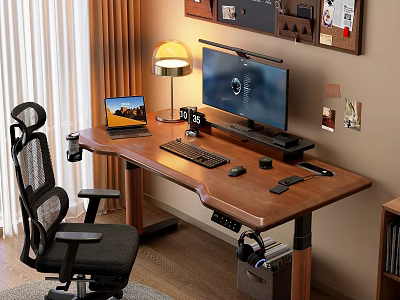 Cozy Study Room With Wooden Desk Monitor Laptop And Office Chair Decorations 3d model