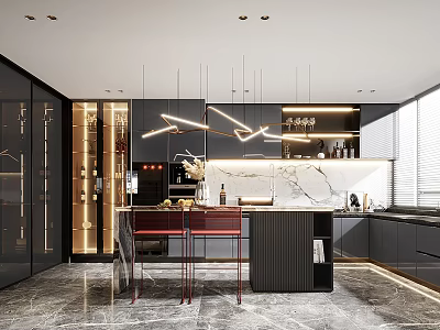 Elegant Modern Kitchen Interior With Marble Island Dark Cabinets And Pendant Lights 3d model