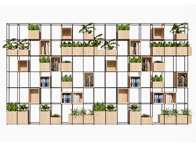 Decorative Room Divider with Grid Frame Wooden Cubes Plants and Books 3d model