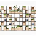 Decorative Room Divider with Grid Frame Wooden Cubes Plants and Books