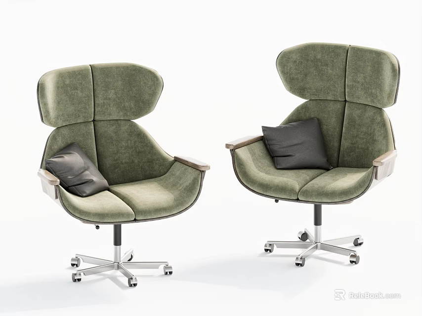 Green Velvet Office Chairs With Wooden Armrests Black Cushions And Wheels 3d model 