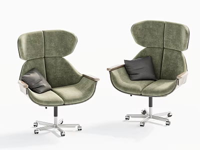 Green Velvet Office Chairs With Wooden Armrests Black Cushions And Wheels 3d model