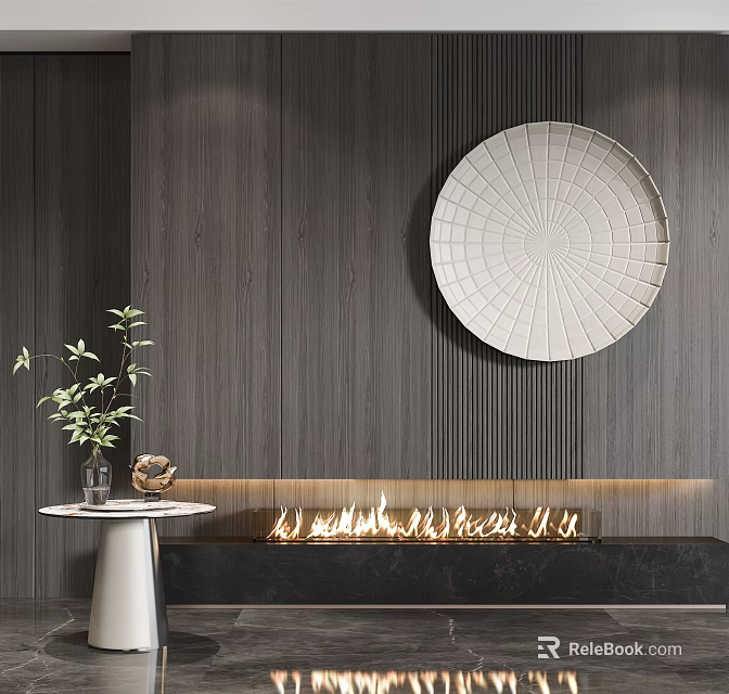 Modern Fireplace Design With Dark Wooden Walls Circular Plate Small Table Plant And Decorations 3d model 