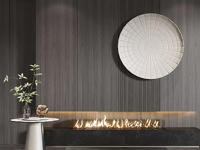 Modern Fireplace Design With Dark Wooden Walls Circular Plate Small Table Plant And Decorations 3d model