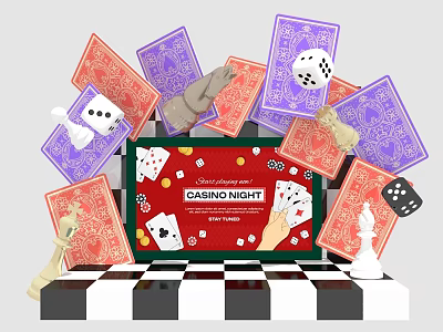Vibrant Casino Night Stage with Poker Cards Dice Gloves and Chessboard Design 3d model