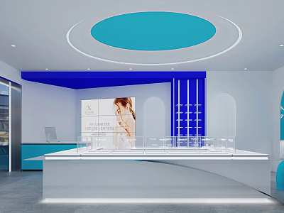 White And Blue Modern Retail Store Interior With Round Ceiling Glass Display Counter And Poster 3d model