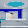 White And Blue Modern Retail Store Interior With Round Ceiling Glass Display Counter And Poster