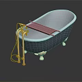 Elegant Vintage Bathtub With Gold Faucet Wooden Rack And Decorative Feet