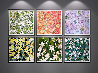 Colorful Botanical Paintings Set of Six Vibrant Floral Wall Art Decor 3d model