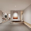 Modern Living Room Interior With Neutral Tones Staircase Fireplace Sofa And Warm Lighting